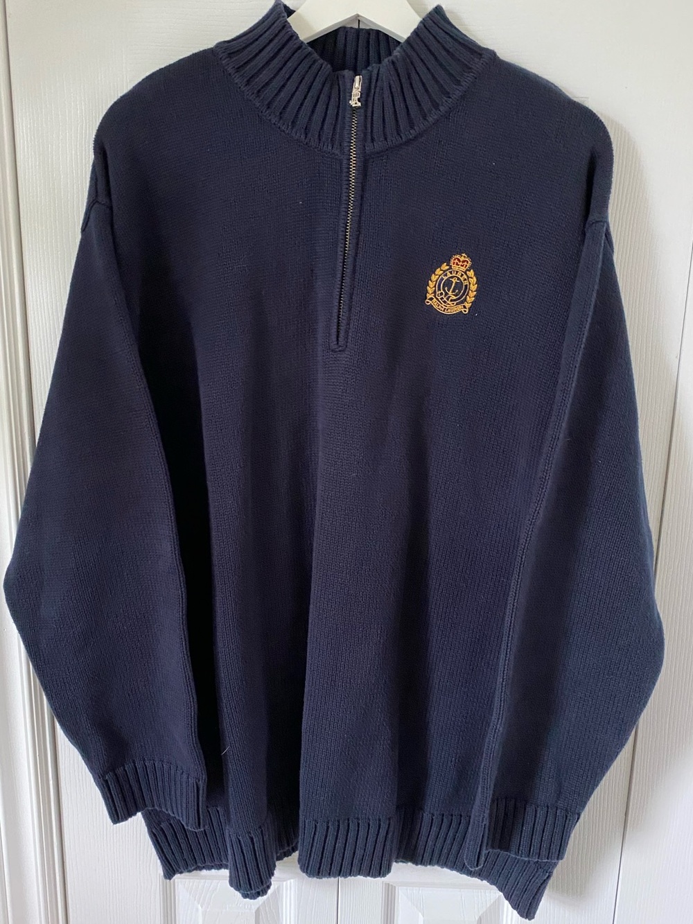 Ralph Lauren Navy Quarter Zip Sweater 90’s RL Gold Crest 100% cotton Size 3X